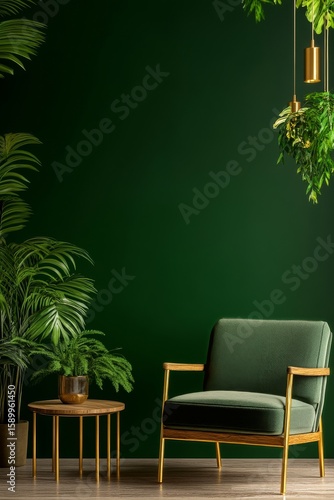 Stylish Green Armchair and Gold Pendant Light in a Modern Interior Design Set...