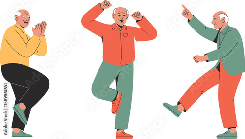 Illustration of happy senior men dancing and enjoying life in retirement for health and wellness concept