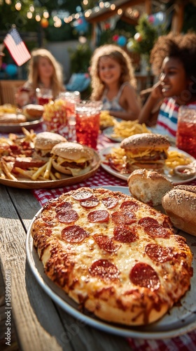 Friends Enjoy Outdoor Feast With Pizza, Burgers, and Drinks During Summer Gat...