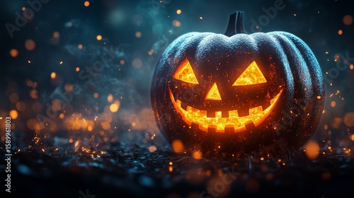 Spooky Halloween Pumpkin With Glowing Face in a Dark Forest Setting During Au...