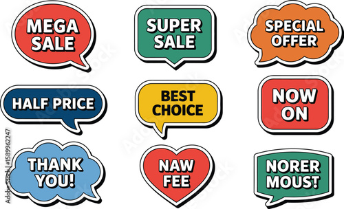 Sale stickers vector illustration mega sale super sale special offer half price best choice now on
