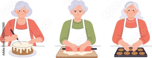 Grandmothers baking cake and cookies illustration vector for food blog cooking recipe and bakery concept