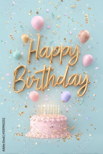 Colorful Birthday Celebration With Cake, Balloons, and Confetti on a Blue Bac...