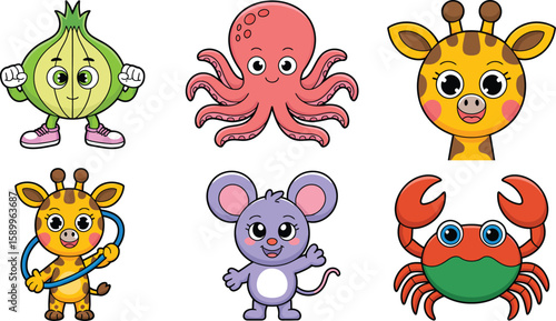 Cartoon animals and food characters illustration for kids learning and educational resource material