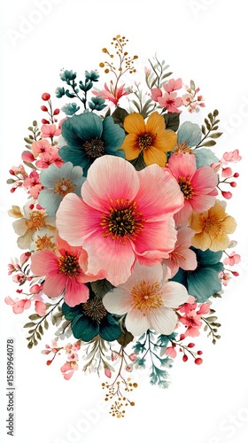 Colorful Floral Arrangement With Various Flowers and Greenery on a White Back...