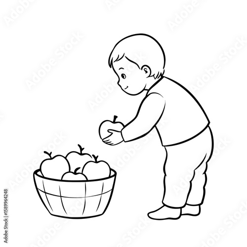 Young child stacking apples in basket while smiling happily  