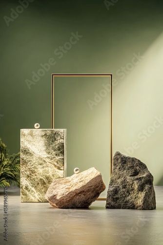 Modern Art Display Featuring Natural Stones and Minimalist Framework in Seren...
