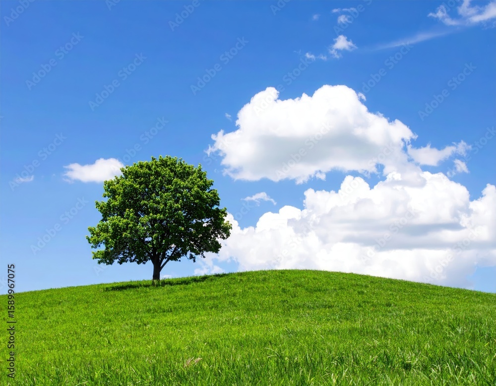 Obraz premium A solitary tree on a grassy hill under a vibrant blue sky