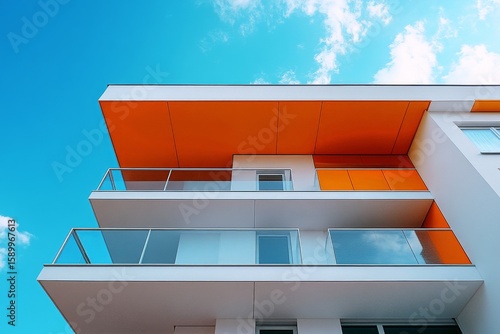 Modern Orange Building With Large Windows Under a Blue Sky at Midday