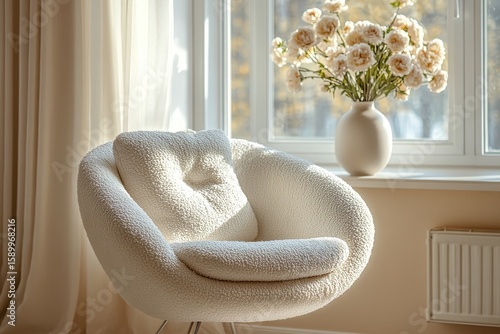 Cozy White Chair Near Sunny Window With Flower Vase in Bright Living Room