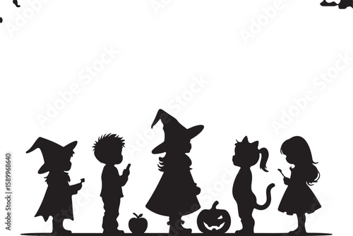 Children dressed as witches and cat girl with pumpkin and apple halloween