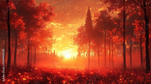 Majestic Sunset Illuminating a Vibrant Autumn Forest Filled With Colorful Tre...