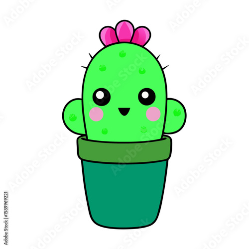 Cute Kawaii Cactus with Blushing Cheeks and Tiny Smile