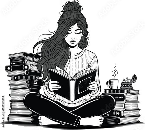 A serene young woman engrossed in reading surrounded by books.