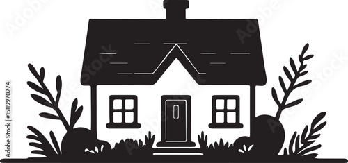 Black silhouette of a charming house with windows door and chimney surrounded by foliage home building