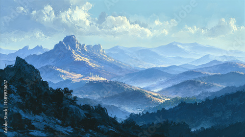 Distant Blue Mountain Range Landscape with Clouds