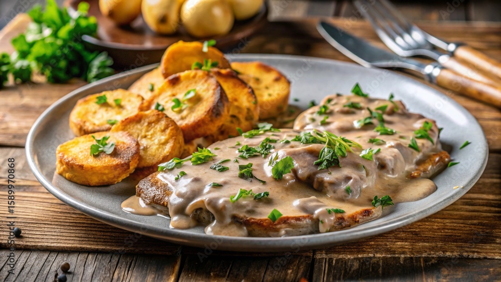 Swiss Zürcher Geschnetzeltes – Veal in creamy mushroom sauce served with Rösti potatoes. Swiss Zürcher Geschnetzeltes – Veal in creamy mushroom sauce served with Rösti potatoes.