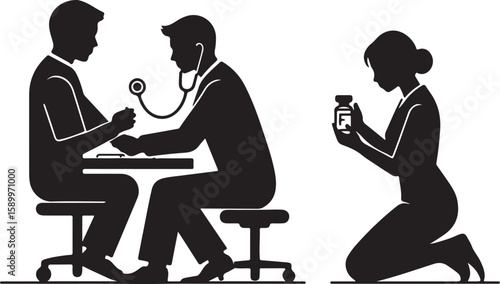 Doctor examining patient with nurse holding medicine examination stethoscope