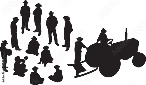Farmers gathered around tractor with plow people gathering