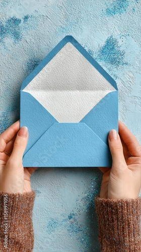Hands Holding a Light Blue Envelope With an Open Flap Against a Textured Blue...