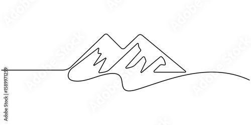 One continuous line drawing of mountain range landscape template. 