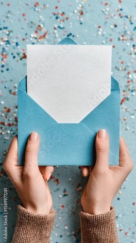 Hands Holding a Blue Envelope With a White Interior Against a Textured Backgr...