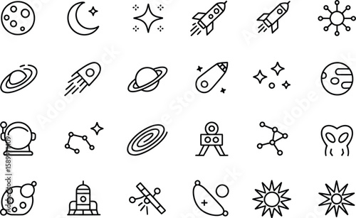 Collection of space and astronomy icons in a clean outline silhouette style