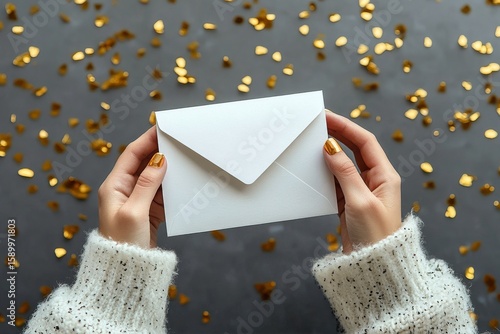 Hands Holding a White Envelope on a Pink Surface Surrounded by Golden Confetti.
