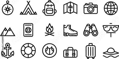 Collection of travel and adventure icons in a clean outline silhouette style