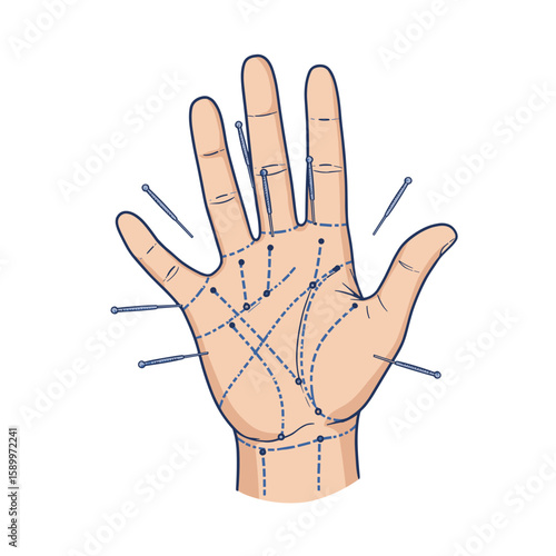 Hand illustration with lines and patterns for palmistry analysis, on a transparent background 