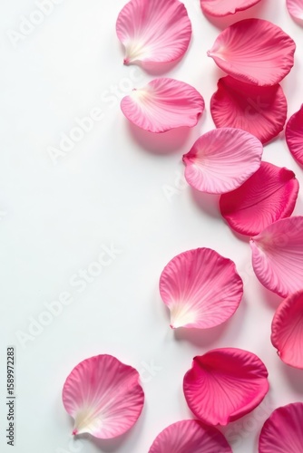 Delicate pink rose petals scattered on pure white , macro, gentle