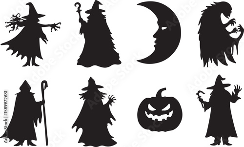 Halloween silhouettes witches moon pumpkin ghost wizard crescent moon