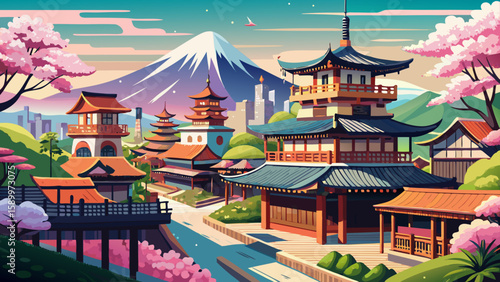 Kyoto, Japan – Traditional wooden houses, quiet temples, and cherry blossoms paint a delicate scene, blending timeless architecture and spring beauty in this serene and cultural vector-ready cityscape