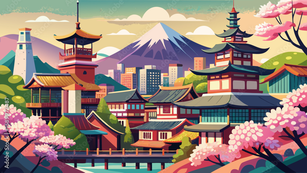 Fototapeta premium Kyoto, Japan – Traditional wooden houses, quiet temples, and cherry blossoms paint a delicate scene, blending timeless architecture and spring beauty in this serene and cultural vector-ready cityscape