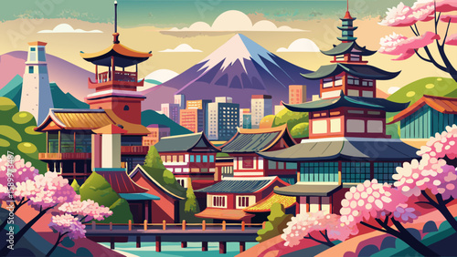 Kyoto, Japan – Traditional wooden houses, quiet temples, and cherry blossoms paint a delicate scene, blending timeless architecture and spring beauty in this serene and cultural vector-ready cityscape