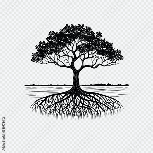 Silhouette of Strength: An artistic silhouette depicts a majestic tree with its extensive roots anchoring firmly in the ground, symbolizing resilience and deep-rooted stability.