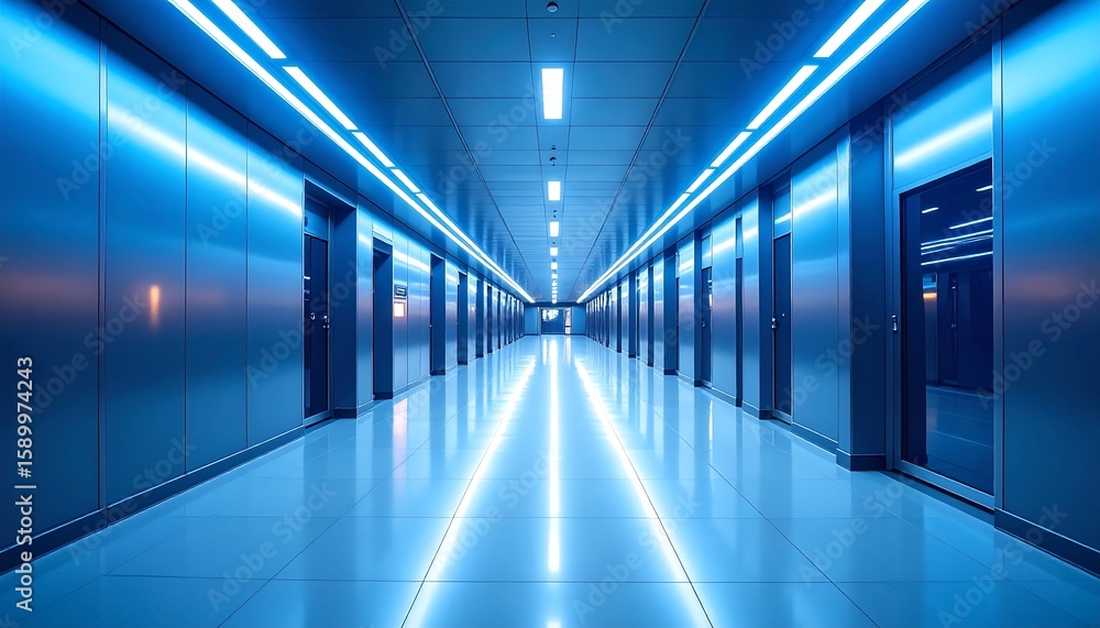 Fototapeta premium Futuristic corridor with blue neon lighting