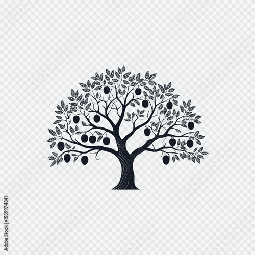 Fruit Tree Silhouette: A stylized illustration of a fruit tree laden with ripe fruit, set against a transparent background.  The design is simple yet elegant, perfect for various applications. 