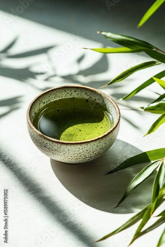 Green Tea in a Rustic Bowl With Natural Light and Plant Shadows Creating a Tr...