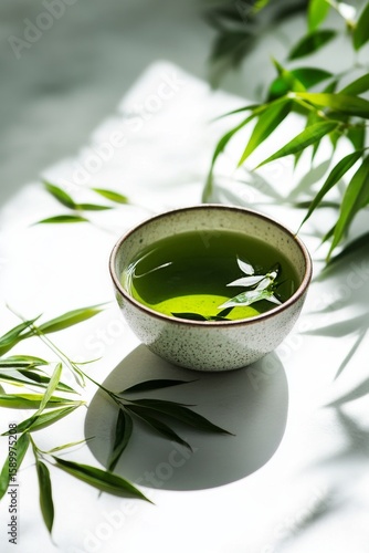 Fresh Green Tea in a Bowl Surrounded by Leaves on a Light Surface