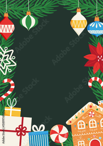 Merry Christmas and Happy New Year template. Vector illustration with gift boxes, gingerbread house, fir tree branches. Christmas card, poster, flyer, invitation, advertisement template.