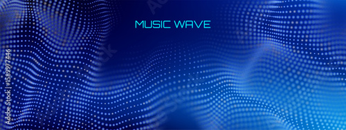 Music BG tech wave background with 3D sound data patterns and abstract audio lines. Digital equalizer ripple effects for conferences or webinar banners. Futuristic music designs with particle flows.