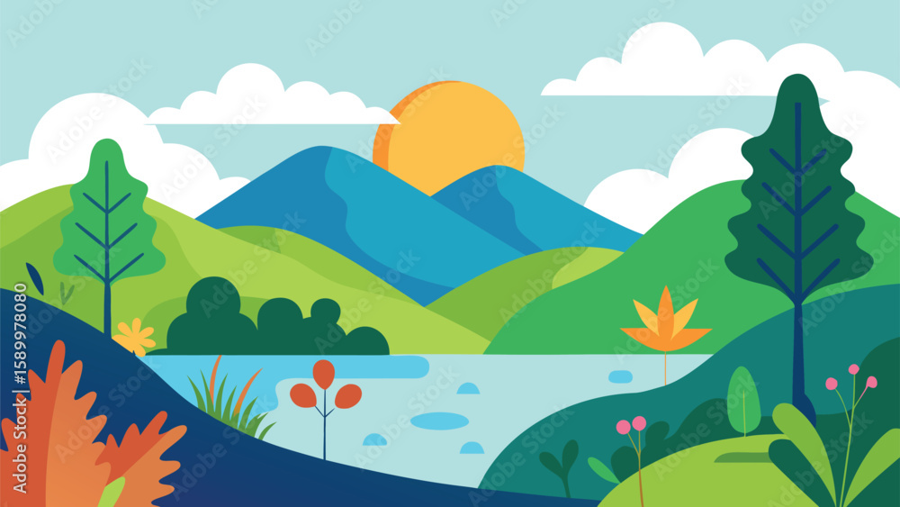 Fototapeta premium Colorful Flat Design Landscape with Mountains Lake and Sunrise