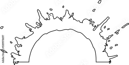 Small ink dot formed by granular scattered strokes with subtle outline and hollow center, arranged in a semi circular splash layout.