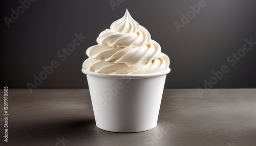 creamy soft serve ice cream in a white cup against a plain background