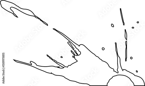 Irregular high-contrast contour shape featuring ink jet splatter with dispersed radial marks and hollow center defined by outline strokes in a semicircle form.