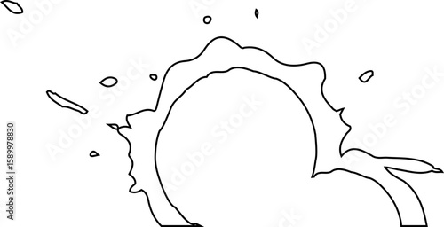 Flowing streak shape built with overlapping contour lines of sprayed ink creating a curved stroke with visible ink boundaries and hollow semicircle core.