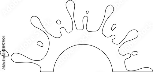 Splash with radiant ink lines and scattered droplets expanding outward in a semi circular pattern with uneven contour.