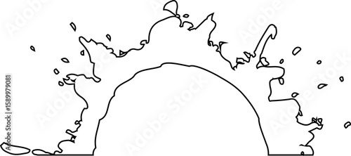 Ink blot with sharp contour lines and irregular pointed edges forming a semi circular shape with splatter texture.