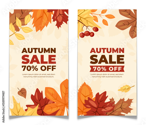 Set of Autumn Sale Discount Flyer with Fall Leaves